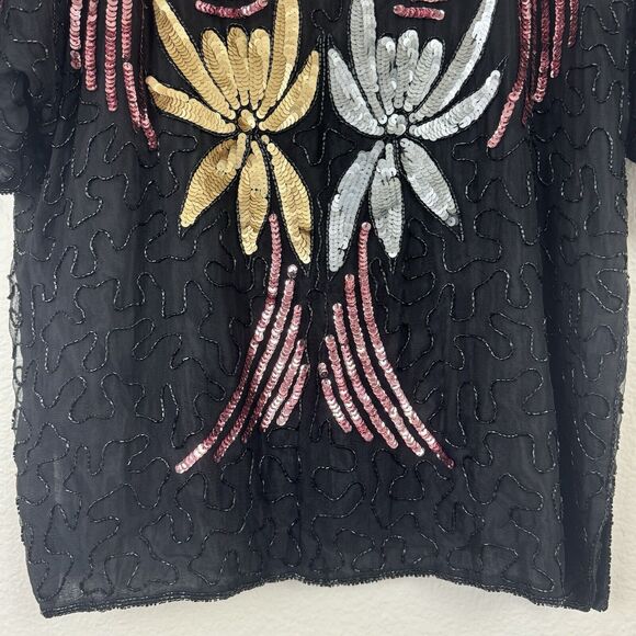 Vintage Elegance By Anujan Beaded Sequin Short Sleeve Silk Blouse Black Medium - Picture 5 of 15